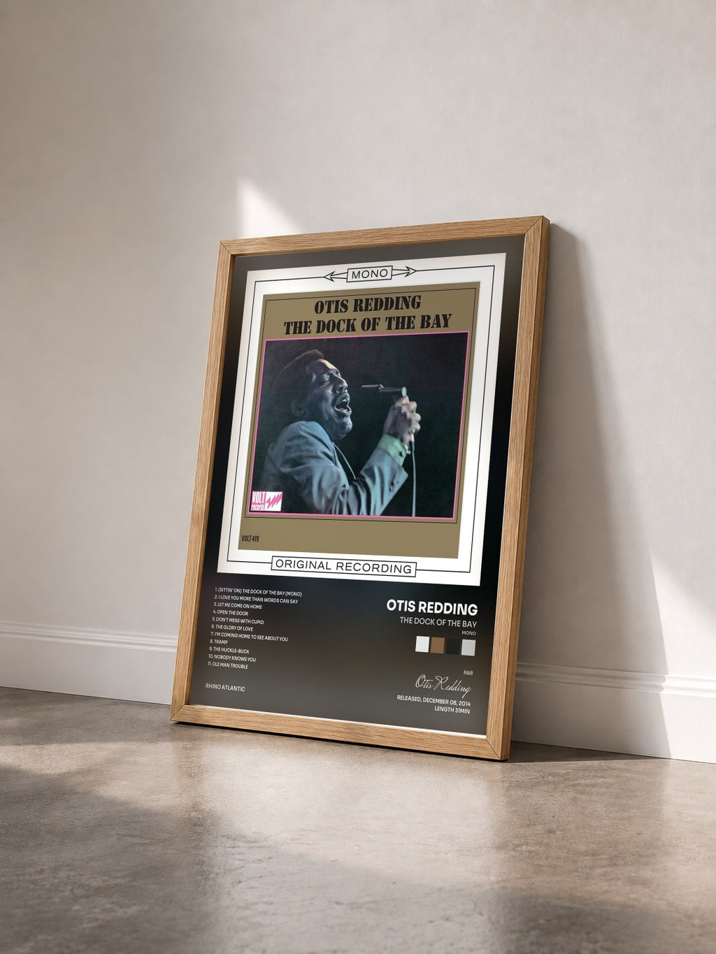 #bois Tableau de l'album The Dock of the Bay (Mono) de Otis Redding vu de trois quarts, cadre en bois brut