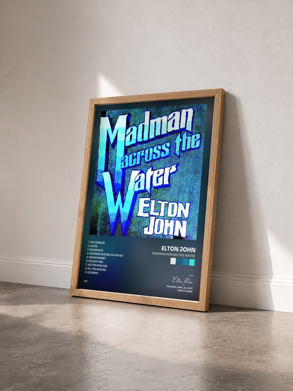 #bois Tableau de l'album Madman Across The Water de Elton John vu de trois quarts, cadre en bois brut