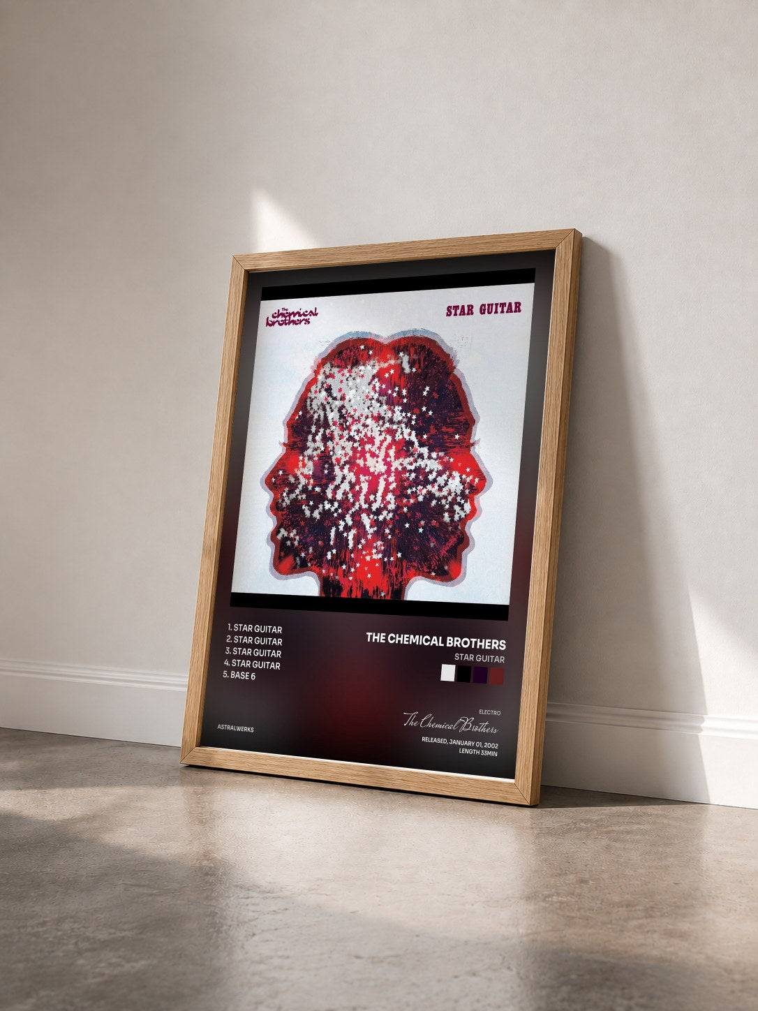#bois Tableau de l'album Star Guitar de The Chemical Brothers vu de trois quarts, cadre en bois brut
