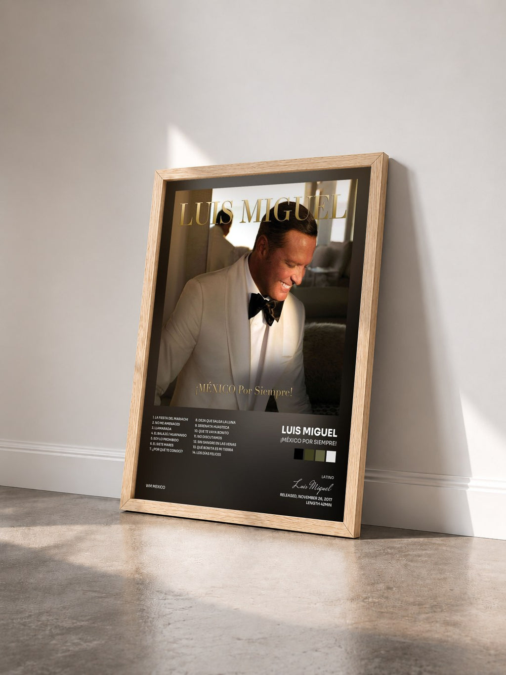 #bois Tableau de l'album ¡MÉXICO Por Siempre! de Luis Miguel vu de trois quarts, cadre en bois brut