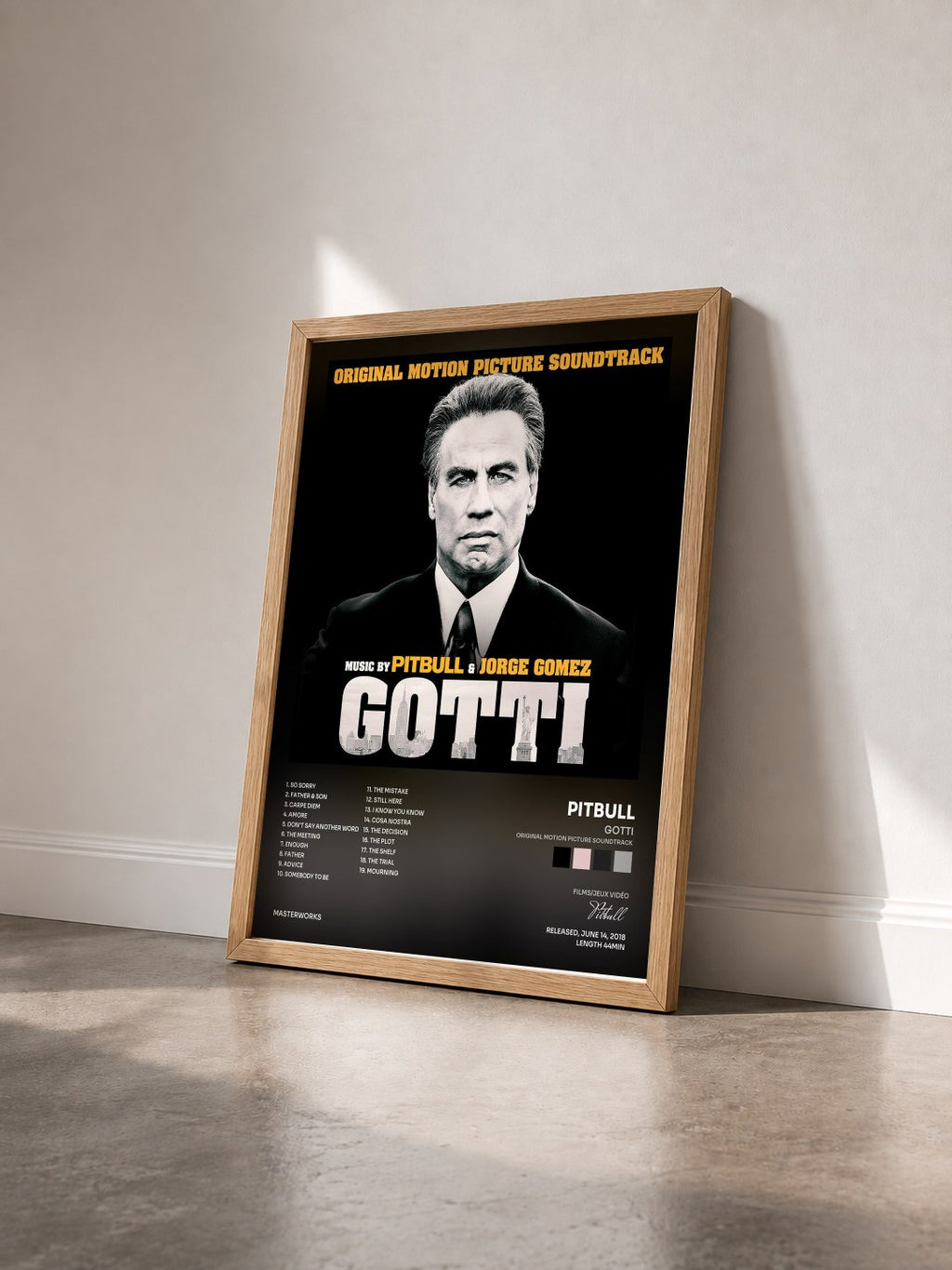 #bois Tableau de l'album Gotti (Original Motion Picture Soundtrack) de Pitbull vu de trois quarts, cadre en bois brut
