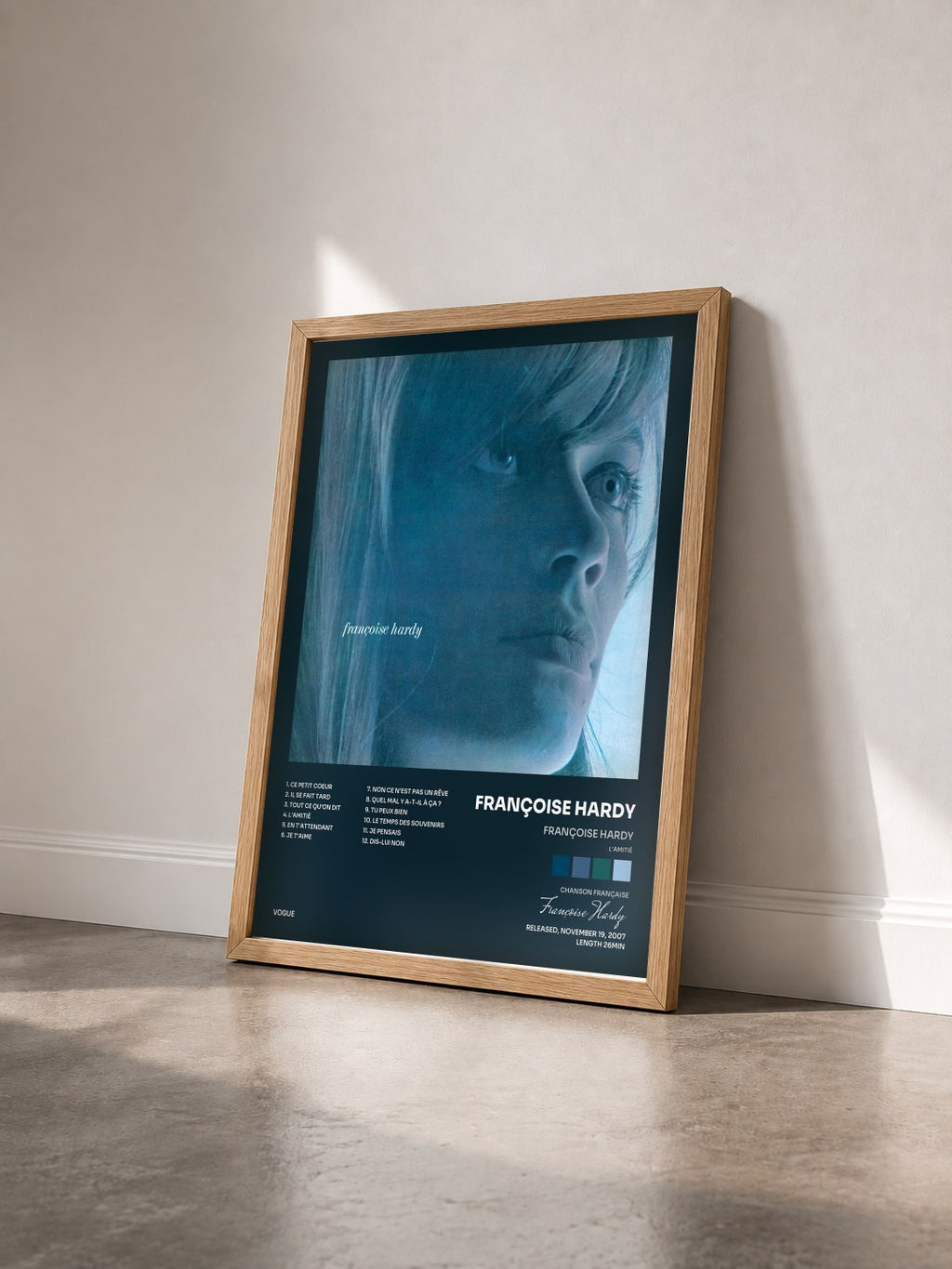 #bois Tableau de l'album Françoise Hardy (L'amitié) de Françoise Hardy vu de trois quarts, cadre en bois brut