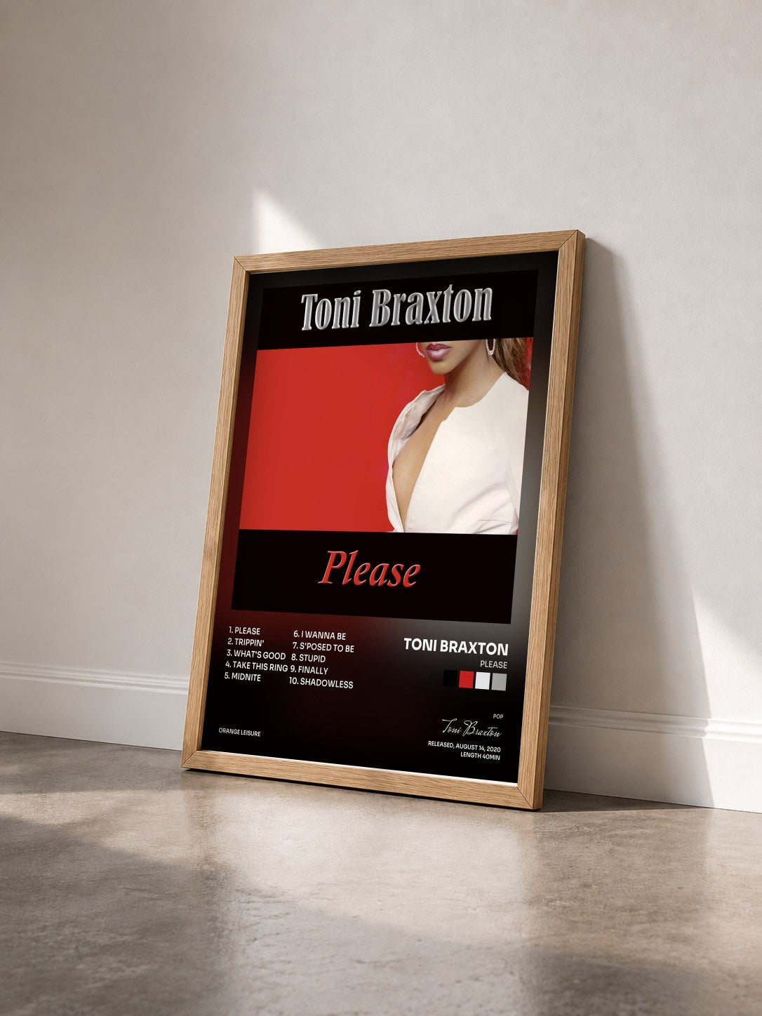 #bois Tableau de l'album Please de Toni Braxton vu de trois quarts, cadre en bois brut