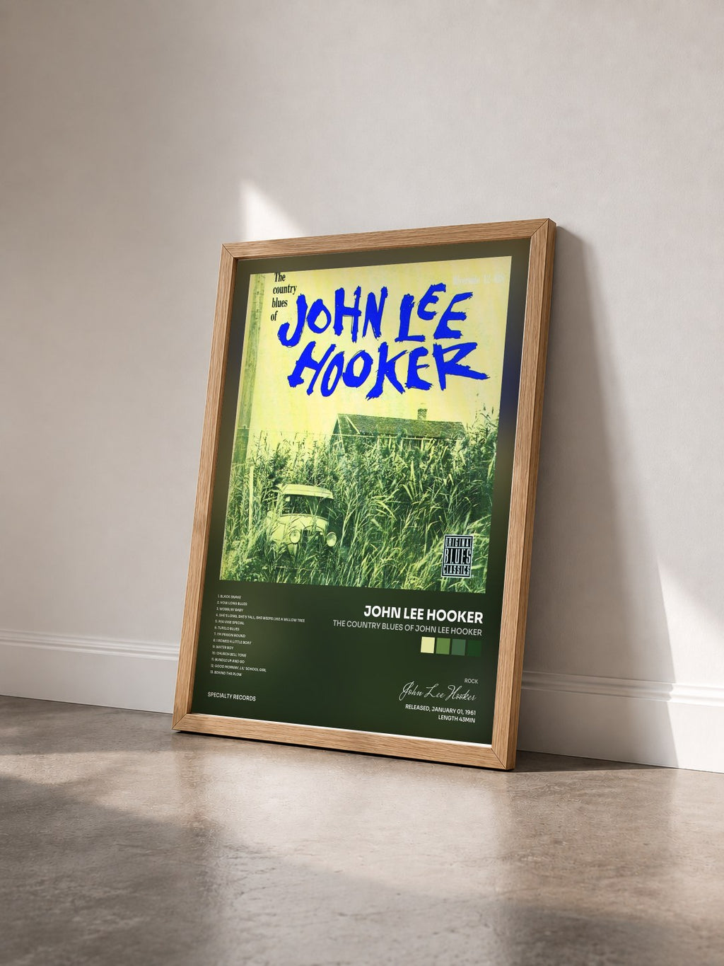 #bois Tableau de l'album The Country Blues Of John Lee Hooker de John Lee Hooker vu de trois quarts, cadre en bois brut