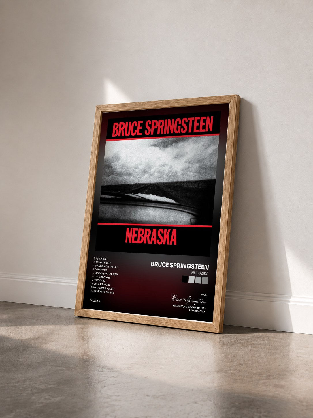 #bois Tableau de l'album Nebraska de Bruce Springsteen vu de trois quarts, cadre en bois brut