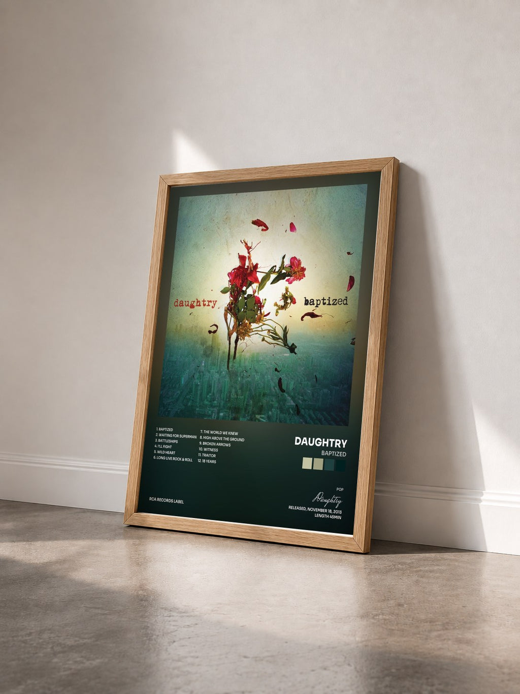 #bois Tableau de l'album Baptized de Daughtry vu de trois quarts, cadre en bois brut