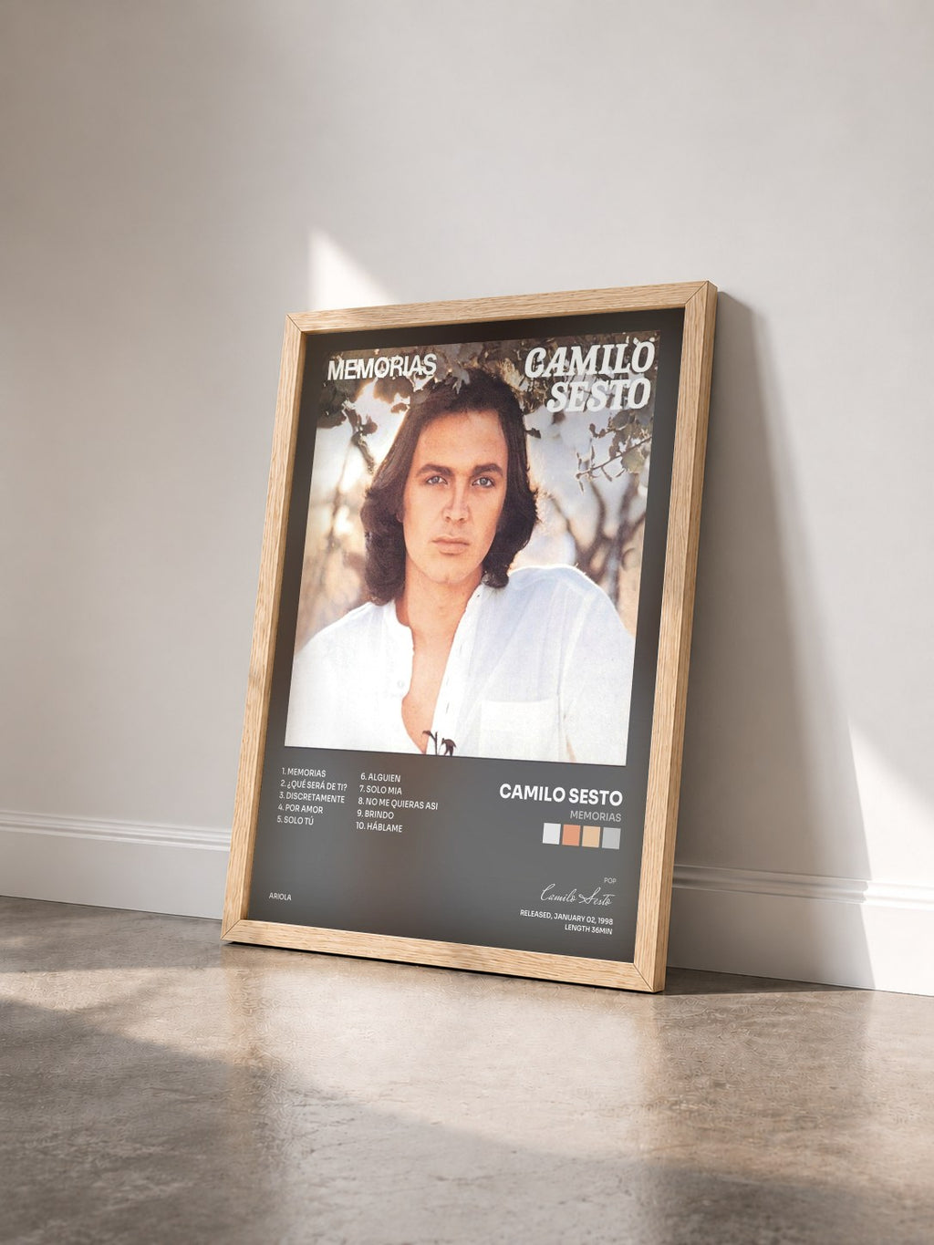 #bois Tableau de l'album Memorias de Camilo Sesto vu de trois quarts, cadre en bois brut