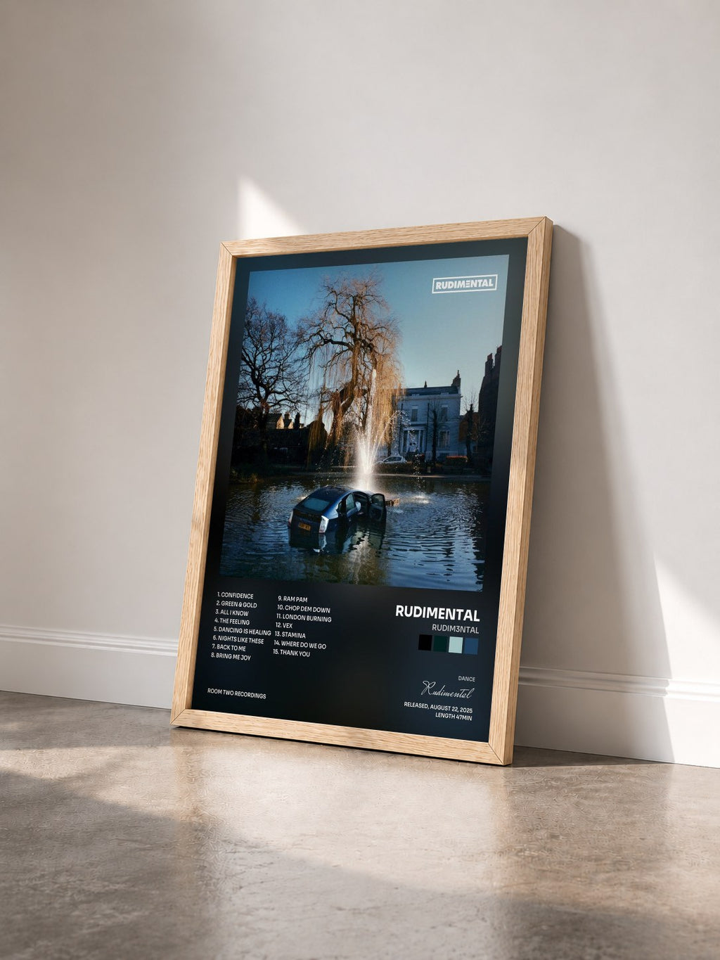 #bois Tableau de l'album RUDIM3NTAL de Rudimental vu de trois quarts, cadre en bois brut