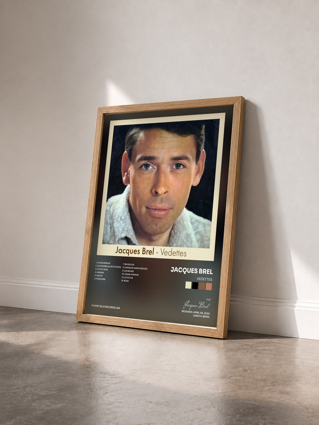 #bois Tableau de l'album Vedettes de Jacques Brel vu de trois quarts, cadre en bois brut