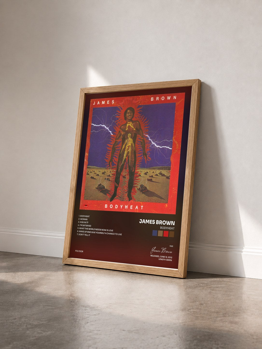#bois Tableau de l'album Bodyheat de James Brown vu de trois quarts, cadre en bois brut