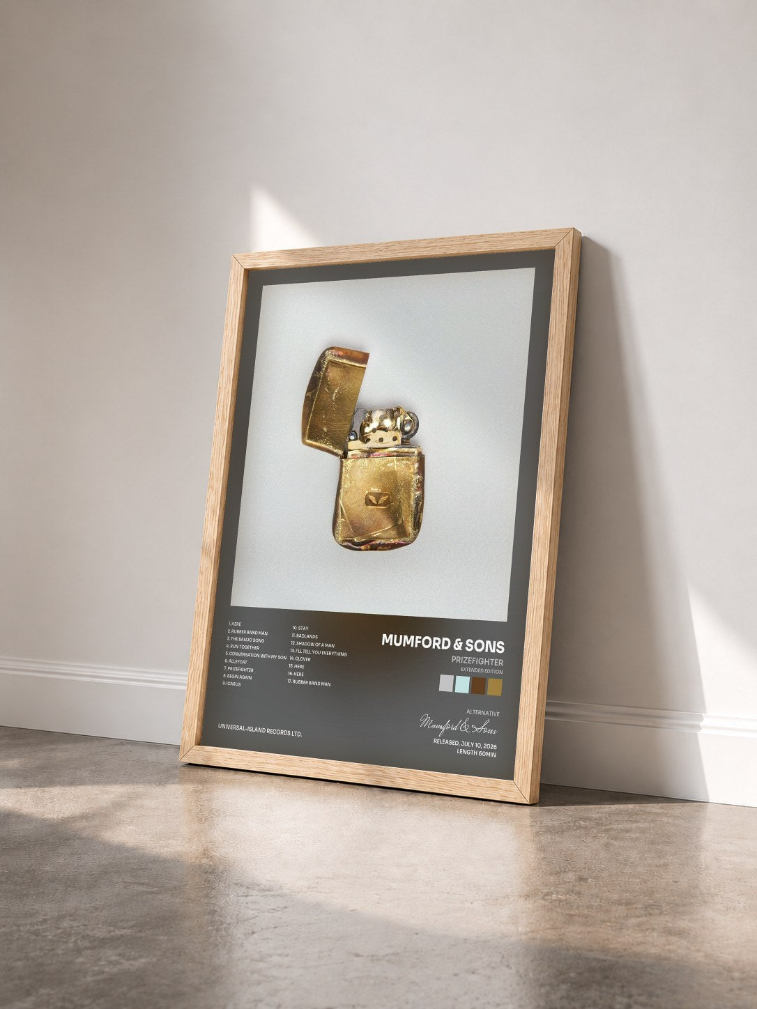 #bois Tableau de l'album Prizefighter (Extended Edition) de Mumford & Sons vu de trois quarts, cadre en bois brut