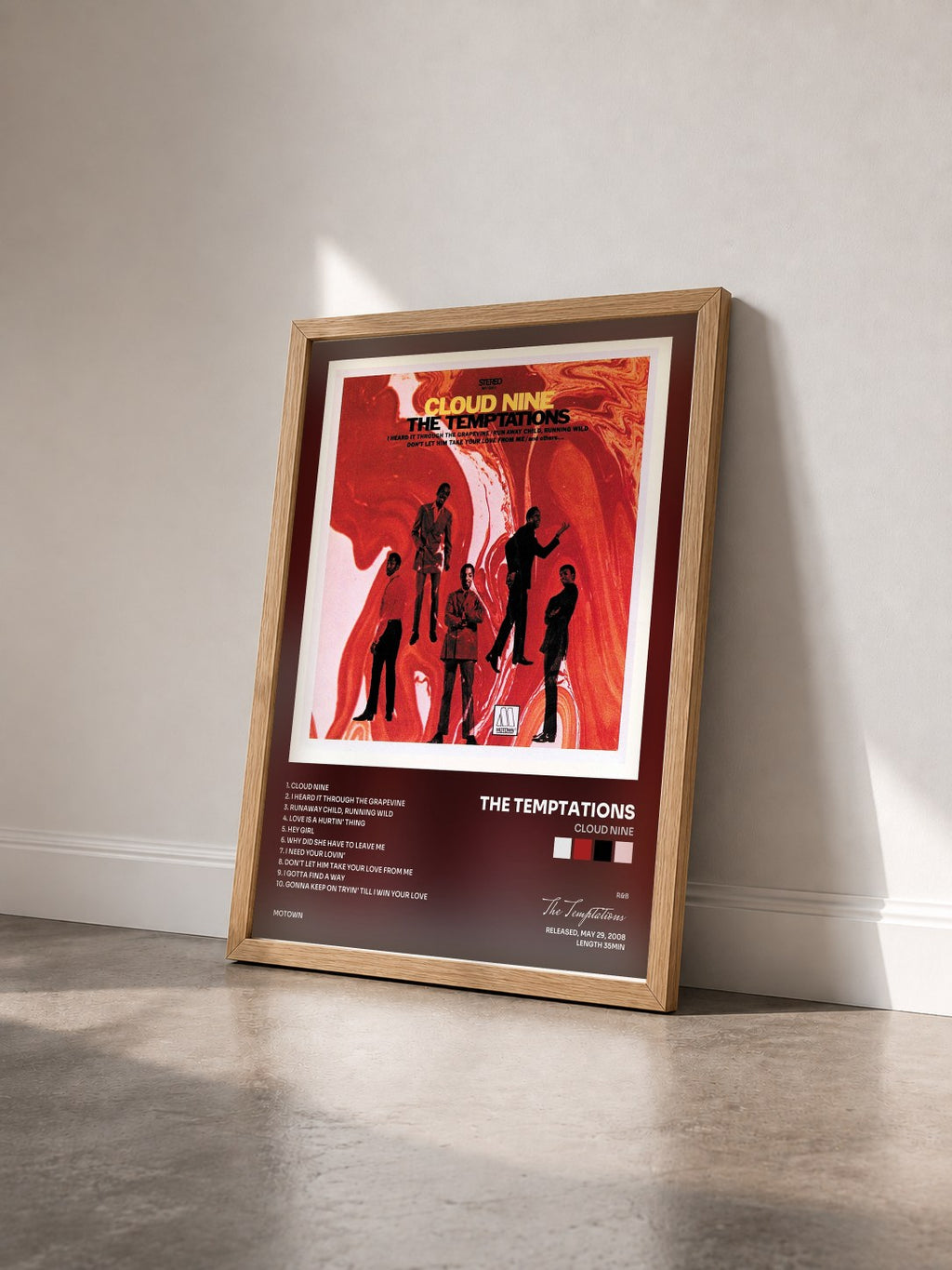#bois Tableau de l'album Cloud Nine de The Temptations vu de trois quarts, cadre en bois brut
