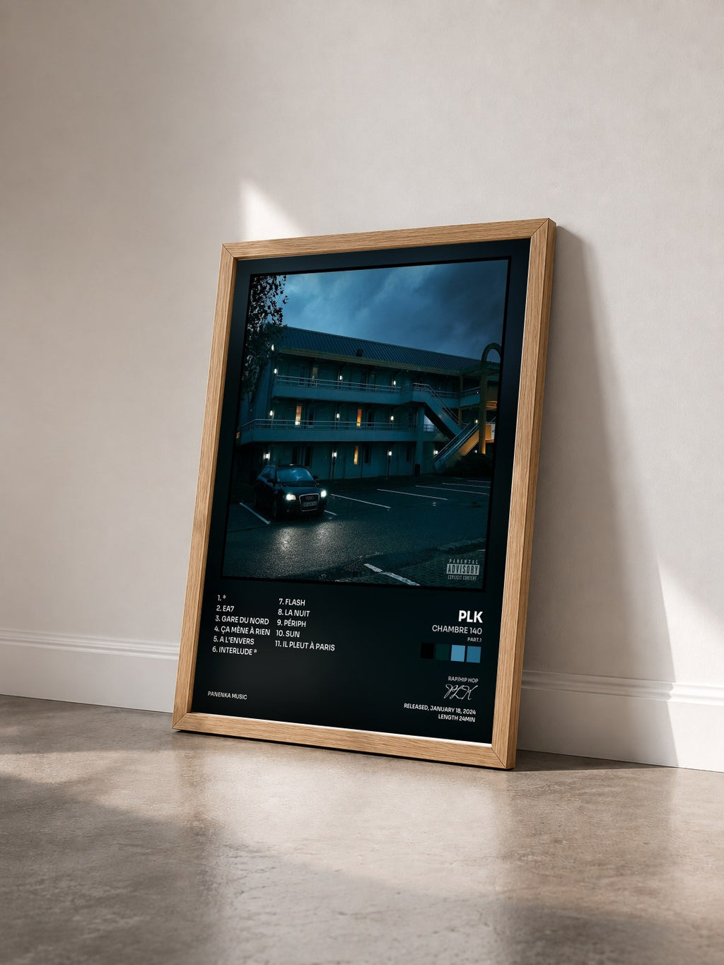 #bois Tableau de l'album Chambre 140 (Part.1) de PLK vu de trois quarts, cadre en bois brut