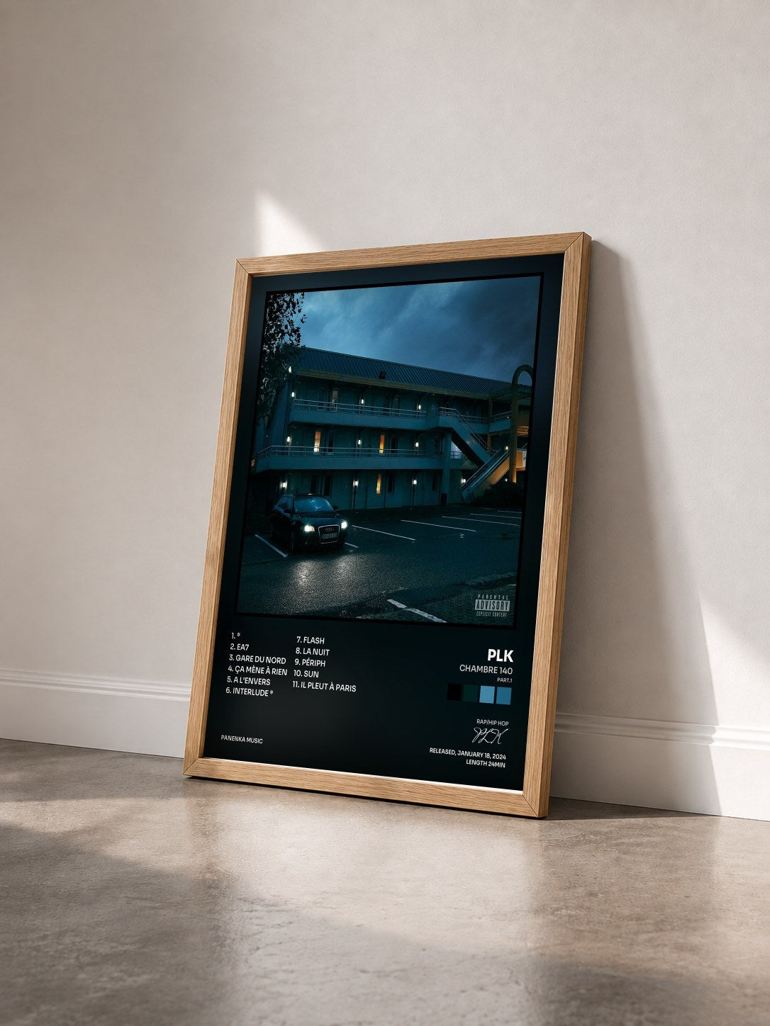 #bois Tableau de l'album Chambre 140 (Part.1) de PLK vu de trois quarts, cadre en bois brut