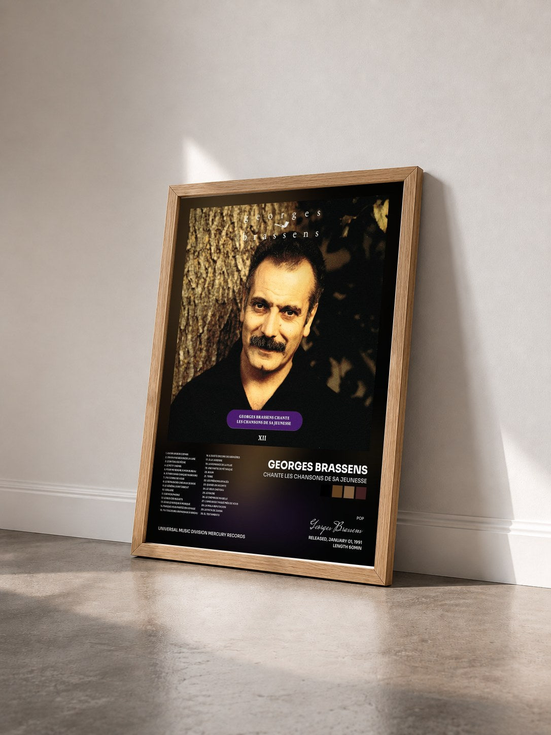 #bois Tableau de l'album Chante Les Chansons De Sa Jeunesse de Georges Brassens vu de trois quarts, cadre en bois brut