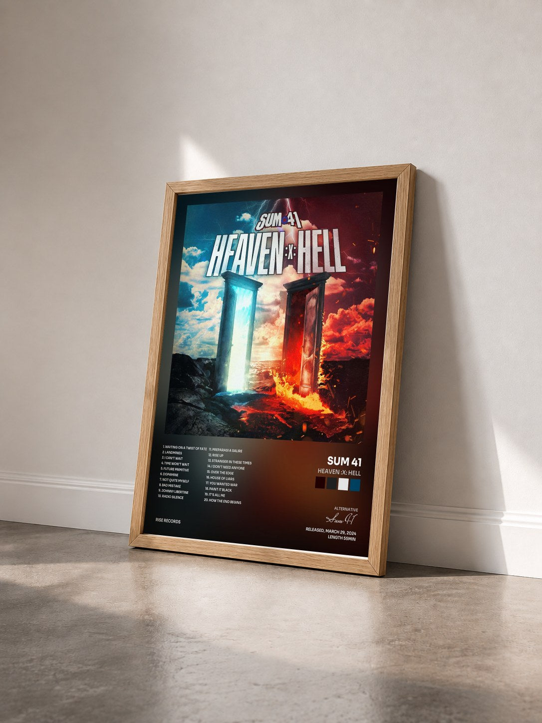 #bois Tableau de l'album Heaven :x: Hell de Sum 41 vu de trois quarts, cadre en bois brut