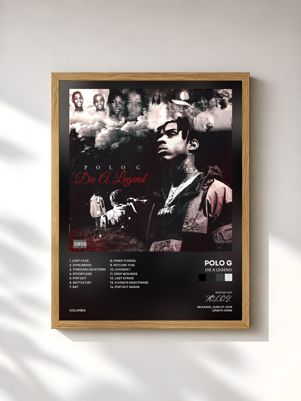 #bois Tableau de l'album Die A Legend de POLO G, cadre en bois brut, imprimé et encadré en France