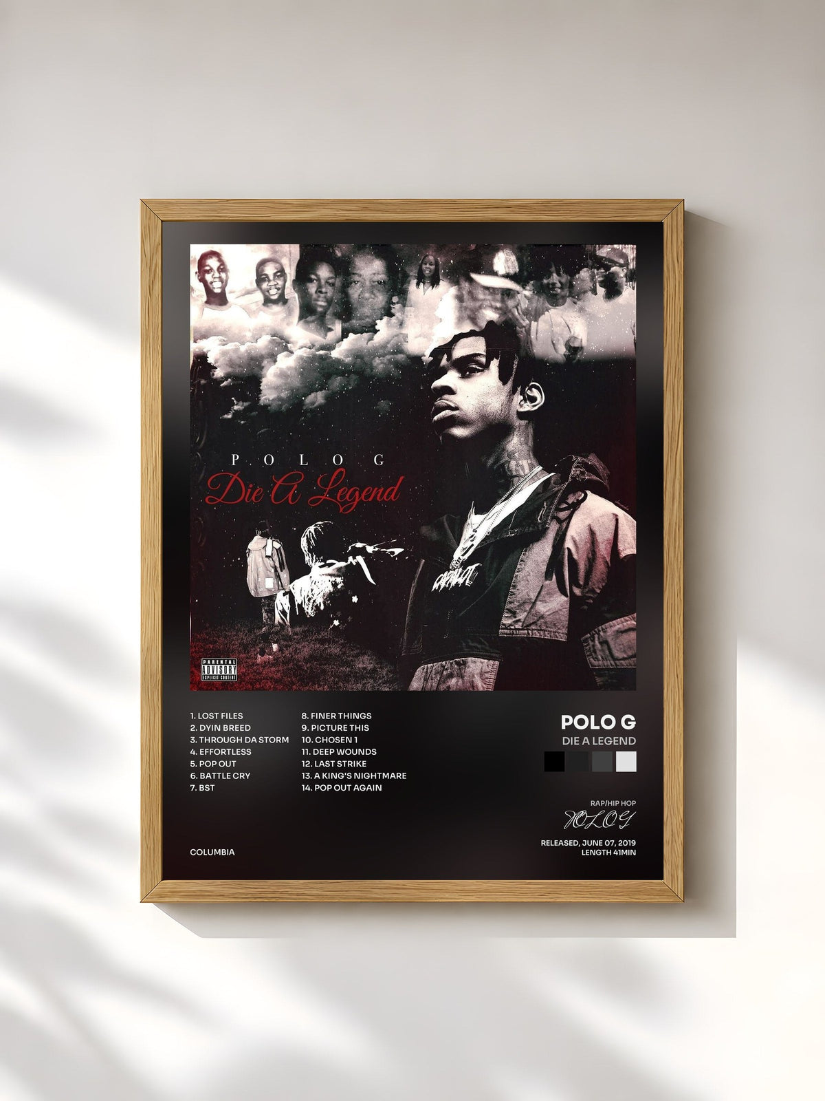 #bois Tableau de l'album Die A Legend de POLO G, cadre en bois brut, imprimé et encadré en France
