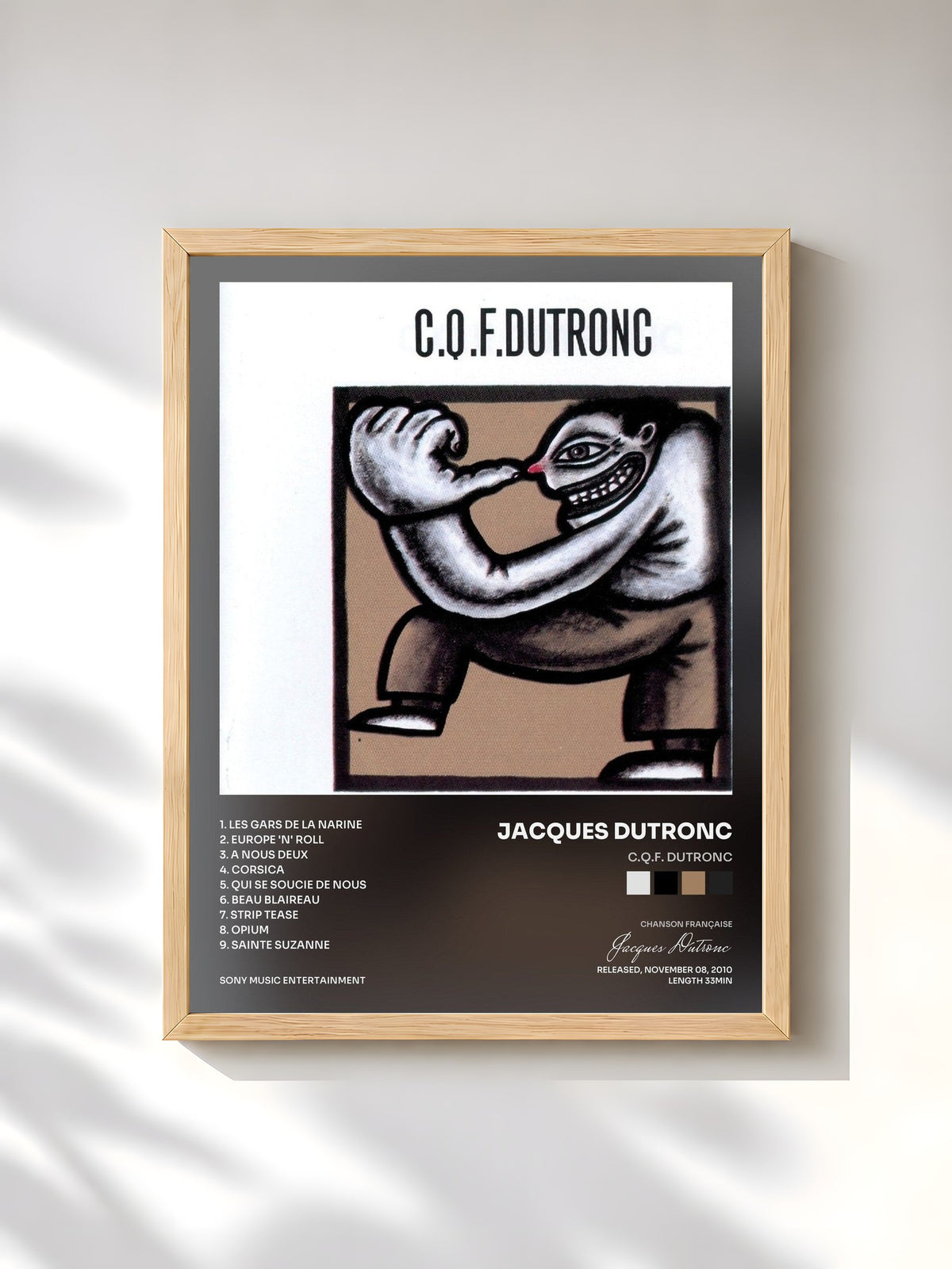 #bois Tableau de l'album C.Q.F. Dutronc de Jacques Dutronc, cadre en bois brut, imprimé et encadré en France