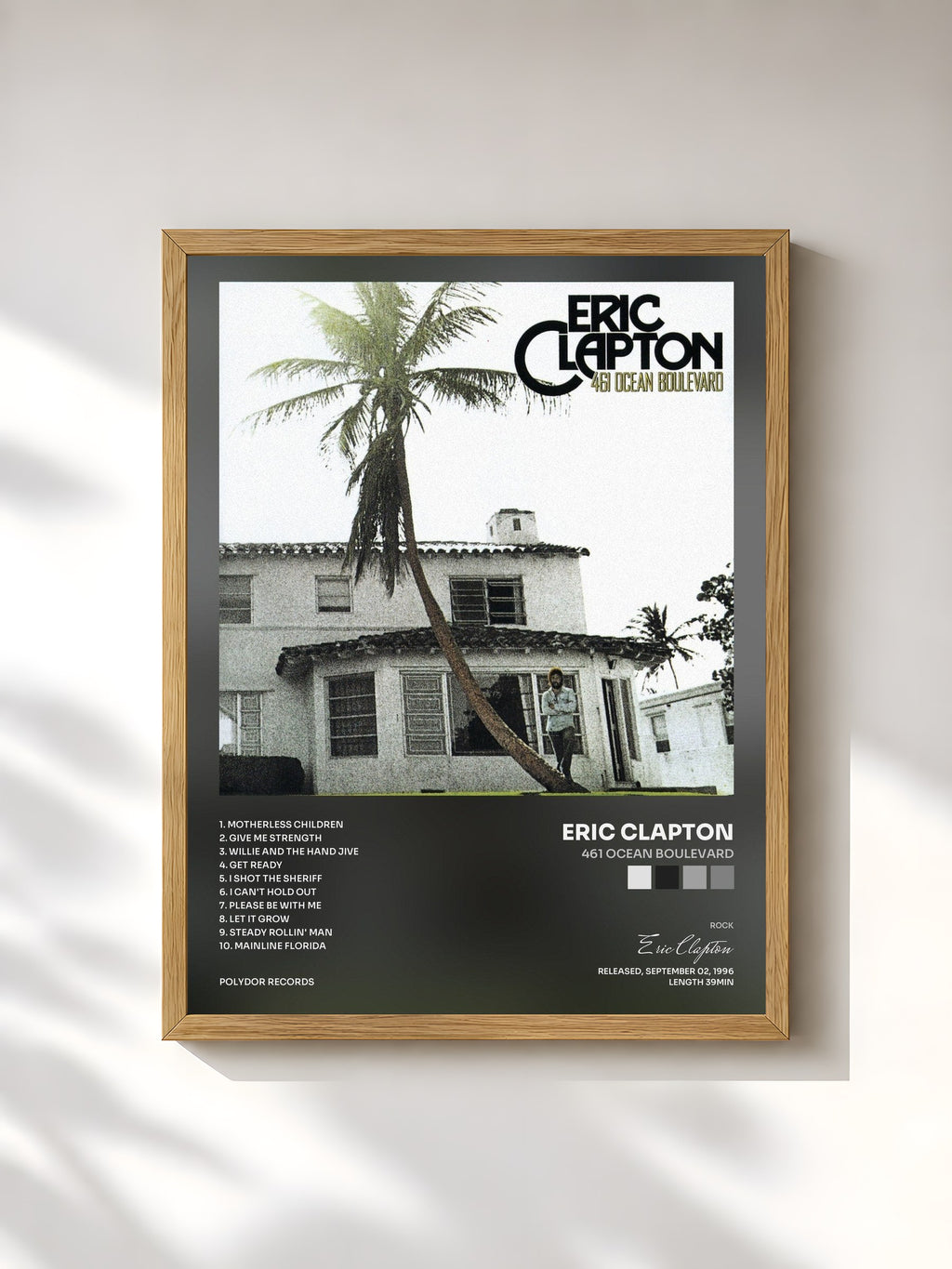 #bois Tableau de l'album 461 Ocean Boulevard de Eric Clapton, cadre en bois brut, imprimé et encadré en France