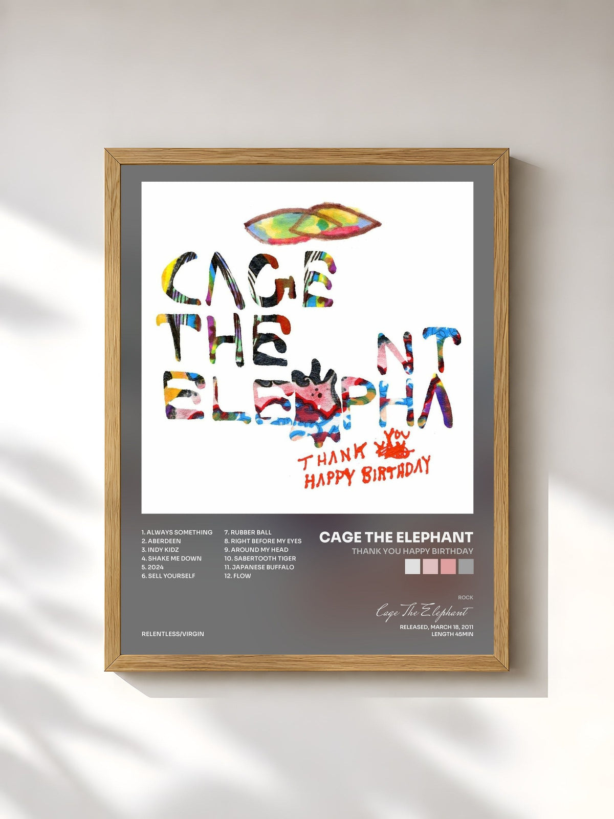 #bois Tableau de l'album Thank You Happy Birthday de Cage The Elephant, cadre en bois brut, imprimé et encadré en France