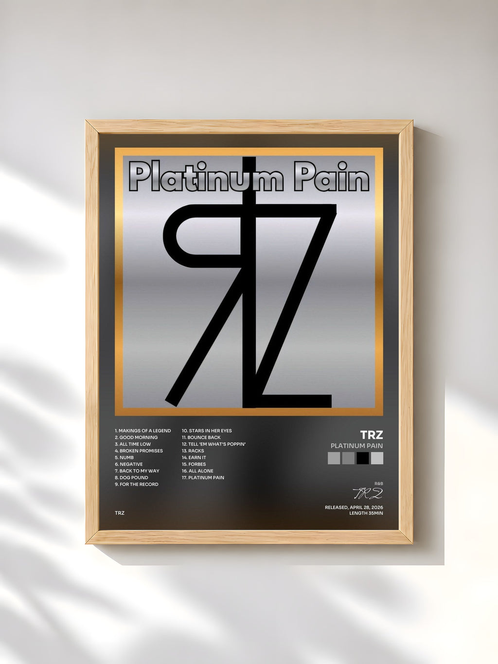#bois Tableau de l'album Platinum Pain de TRZ, cadre en bois brut, imprimé et encadré en France