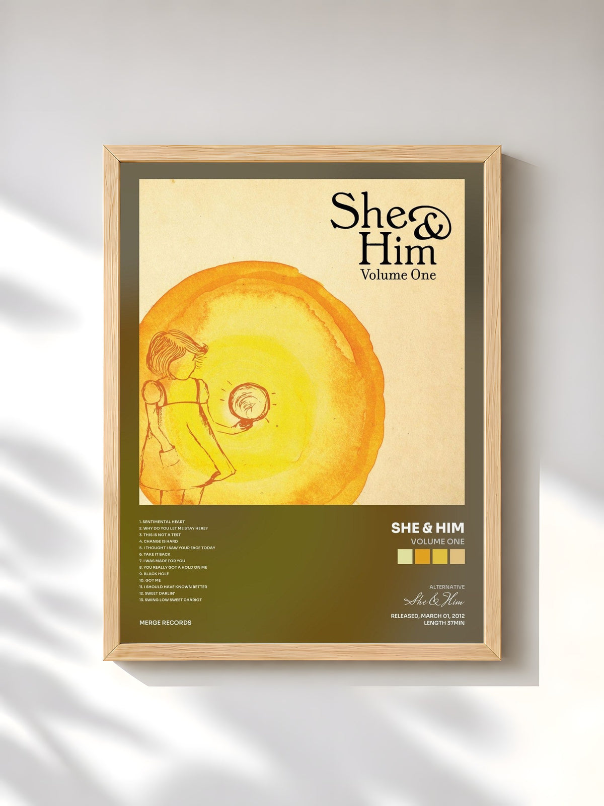 #bois Tableau de l'album Volume One de She & Him, cadre en bois brut, imprimé et encadré en France