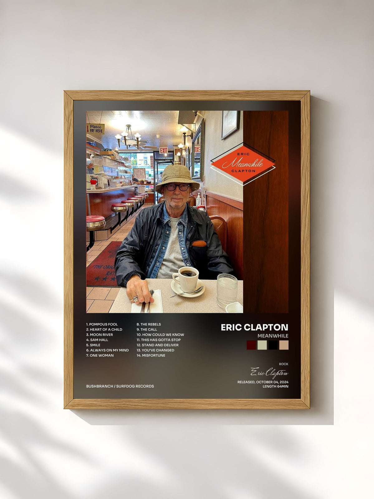 #bois Tableau de l'album Meanwhile de Eric Clapton, cadre en bois brut, imprimé et encadré en France