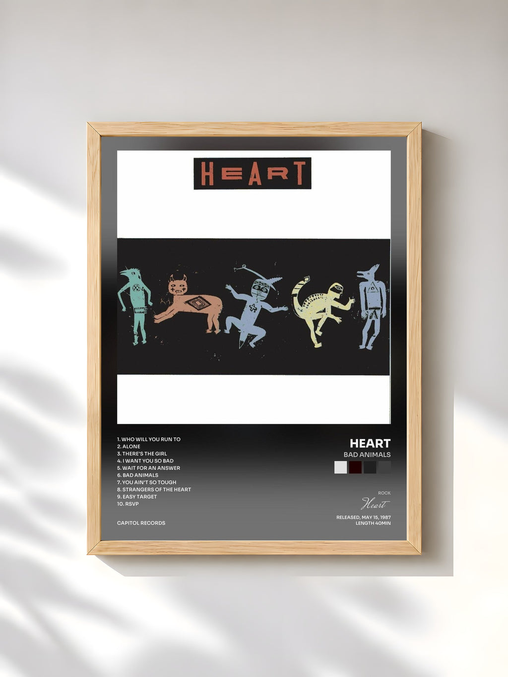 #bois Tableau de l'album Bad Animals de Heart, cadre en bois brut, imprimé et encadré en France