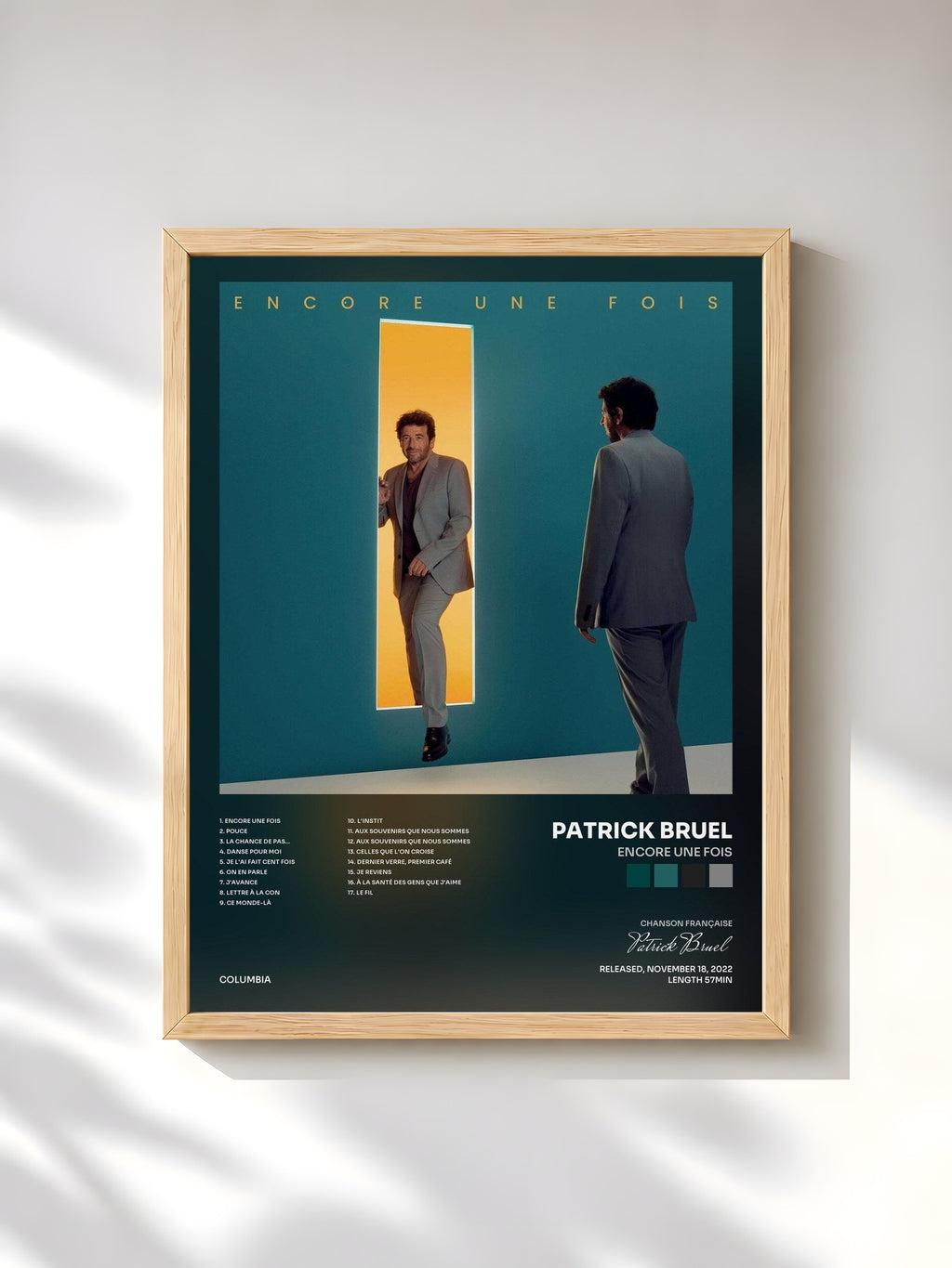 #bois Tableau de l'album Encore une fois de Patrick Bruel, cadre en bois brut, imprimé et encadré en France