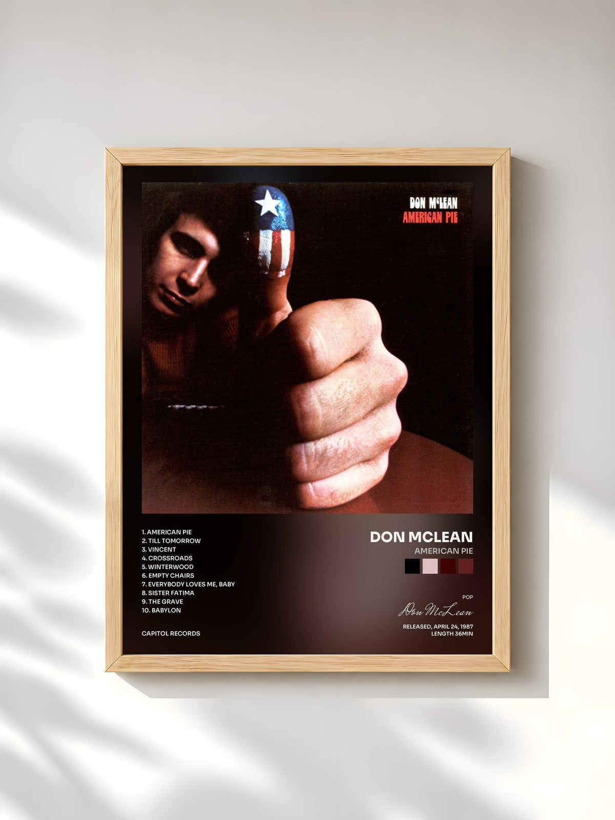 #bois Tableau de l'album American Pie de Don McLean, cadre en bois brut, imprimé et encadré en France