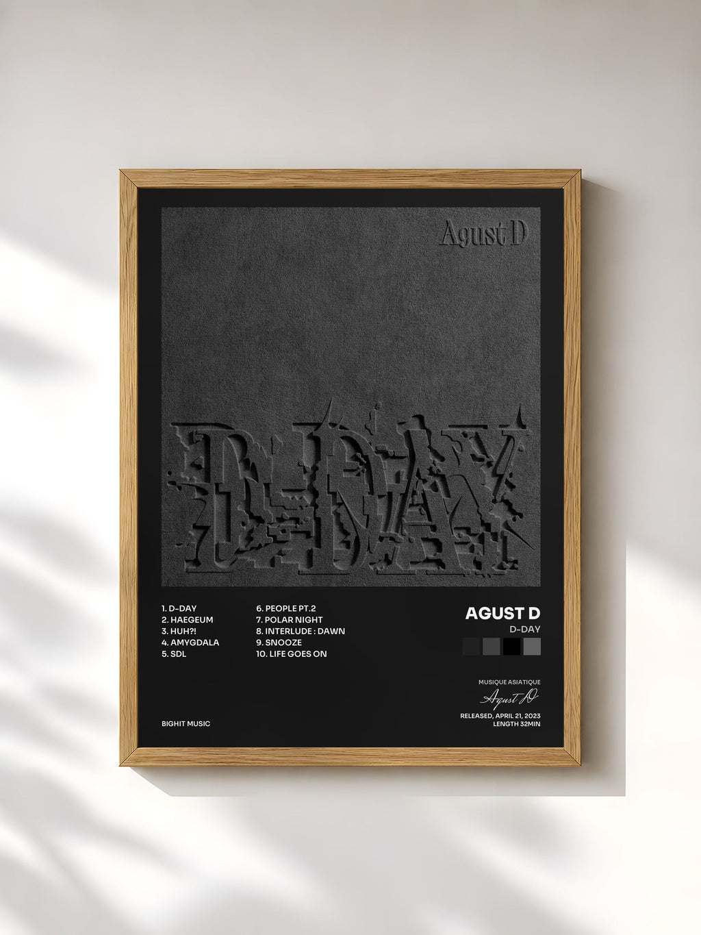 #bois Tableau de l'album D-DAY de Agust D, cadre en bois brut, imprimé et encadré en France