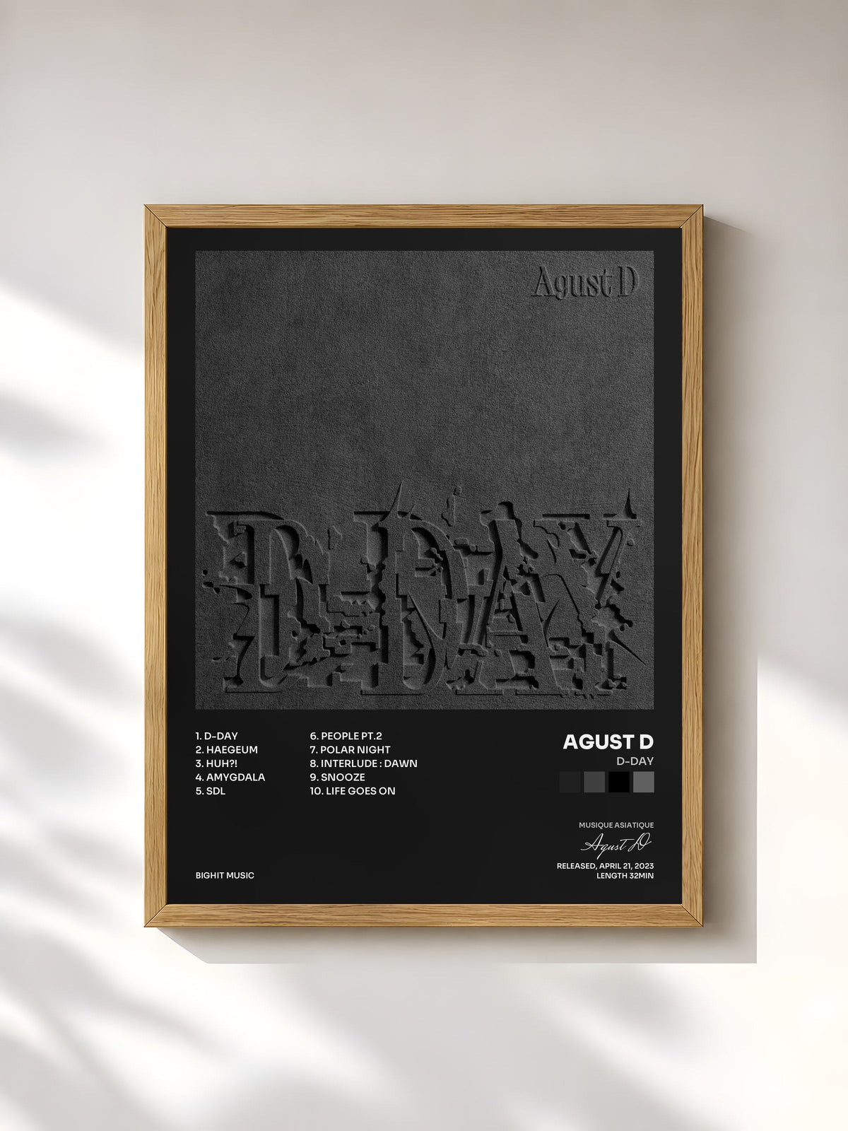 #bois Tableau de l'album D-DAY de Agust D, cadre en bois brut, imprimé et encadré en France