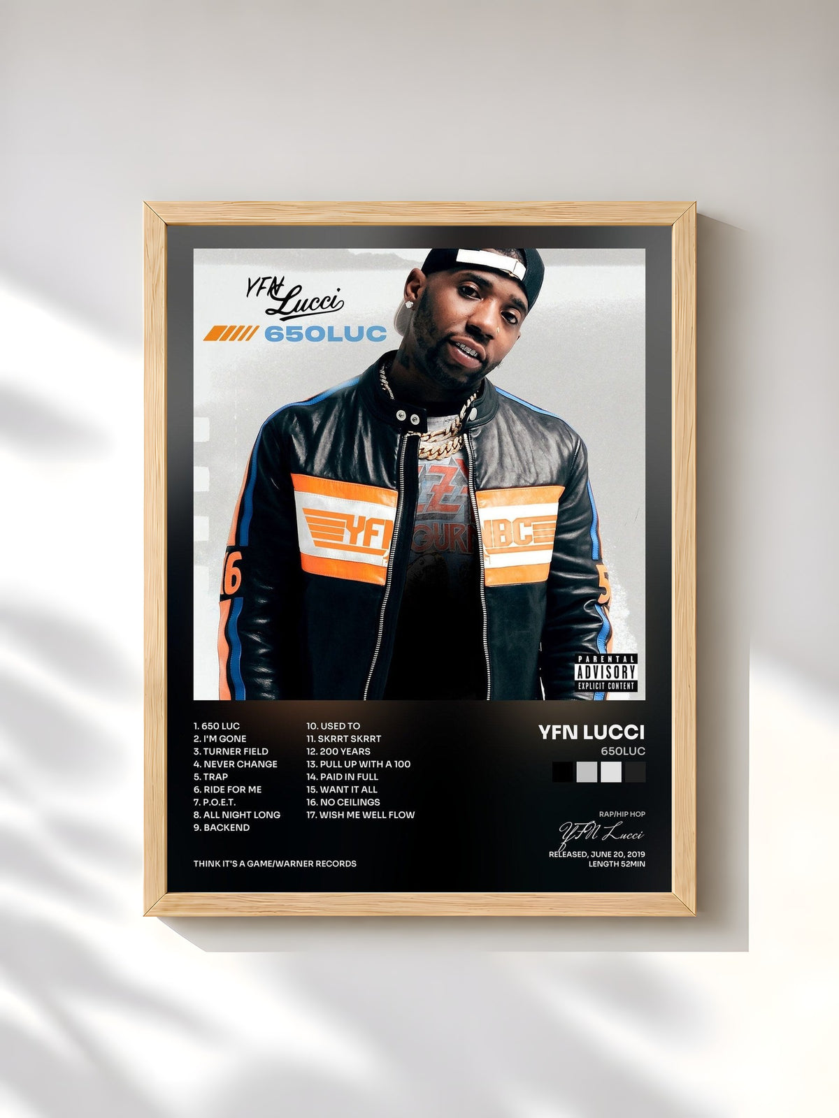 #bois Tableau de l'album 650Luc de YFN Lucci, cadre en bois brut, imprimé et encadré en France