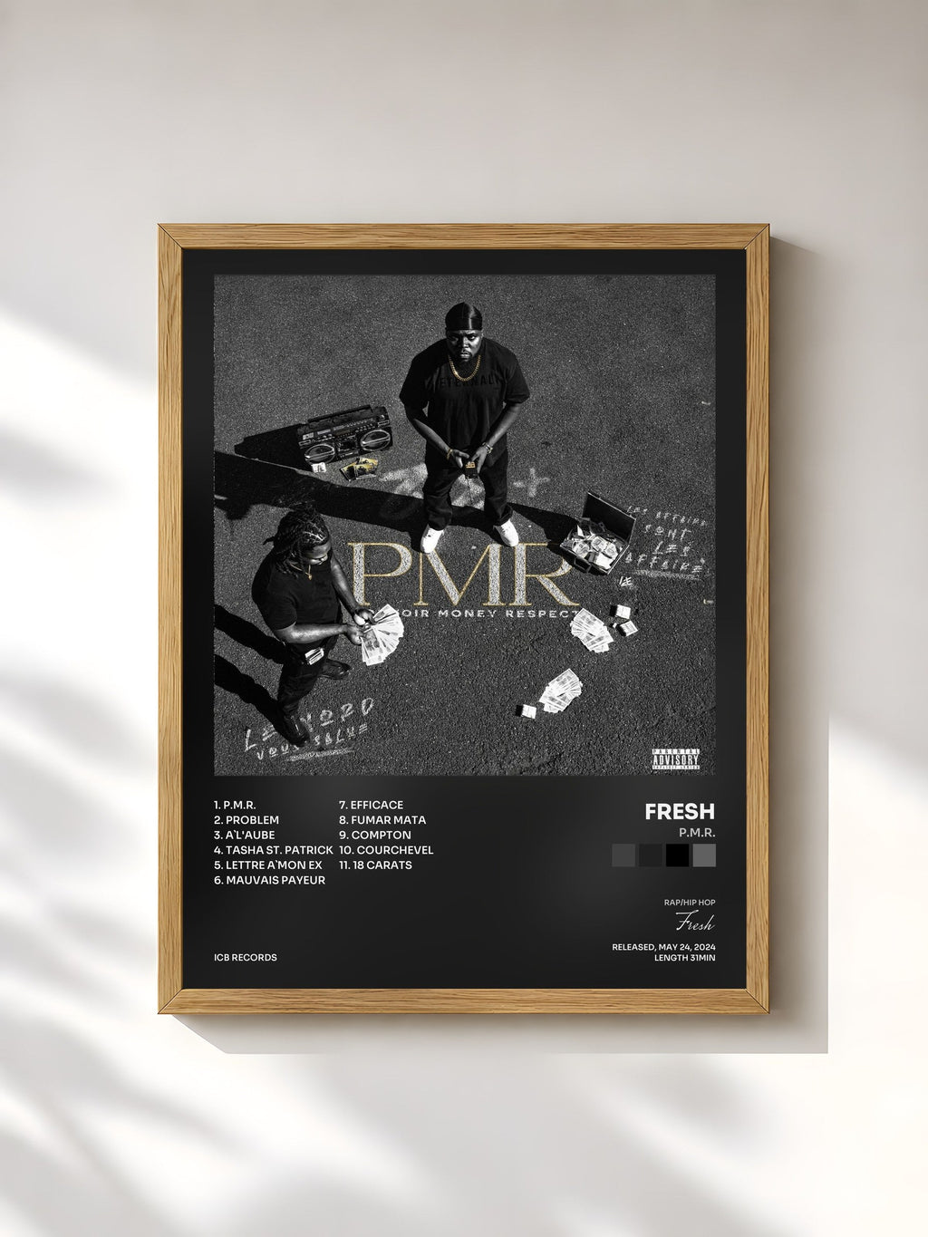 #bois Tableau de l'album P.M.R. de Fresh, cadre en bois brut, imprimé et encadré en France