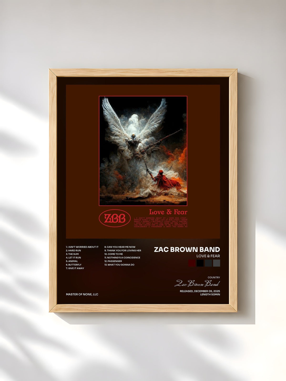 #bois Tableau de l'album Love & Fear de Zac Brown Band, cadre en bois brut, imprimé et encadré en France