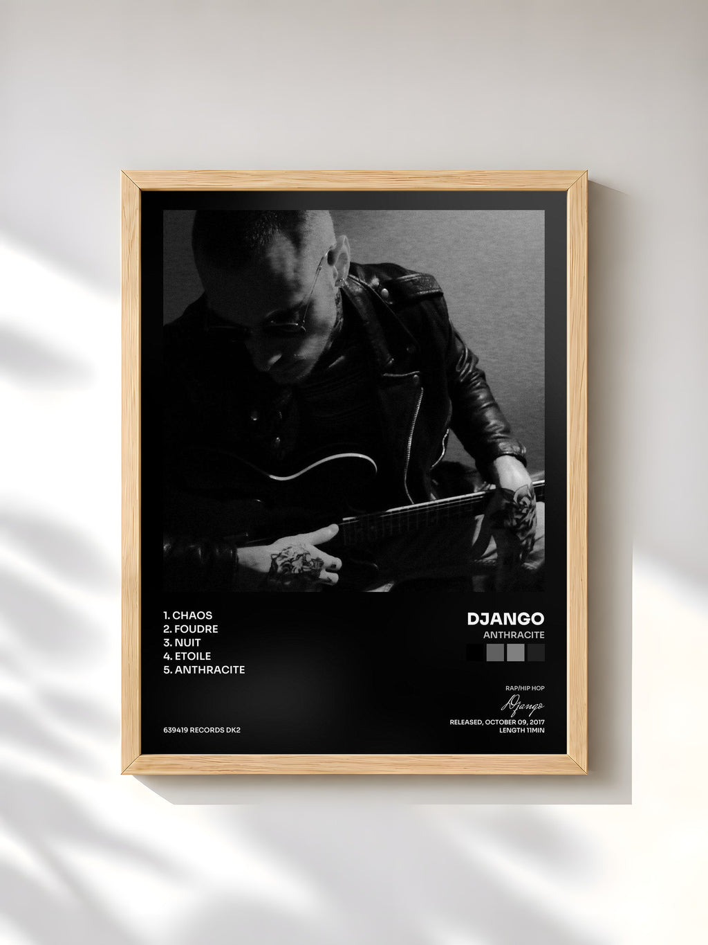 #bois Tableau de l'album Anthracite de Django, cadre en bois brut, imprimé et encadré en France