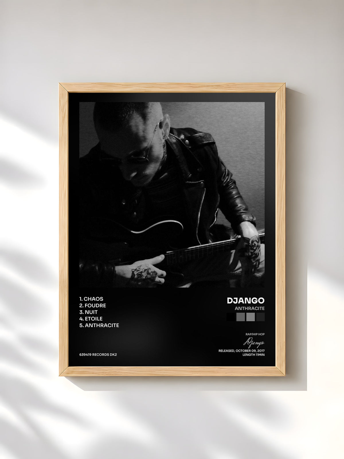 #bois Tableau de l'album Anthracite de Django, cadre en bois brut, imprimé et encadré en France