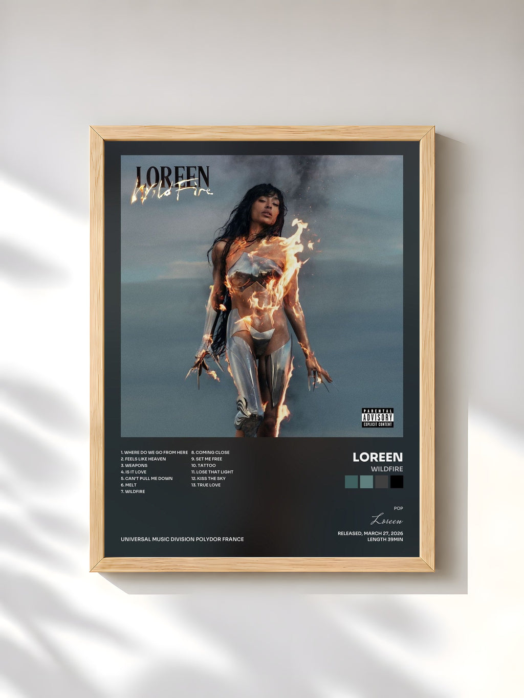 #bois Tableau de l'album WILDFIRE de Loreen, cadre en bois brut, imprimé et encadré en France