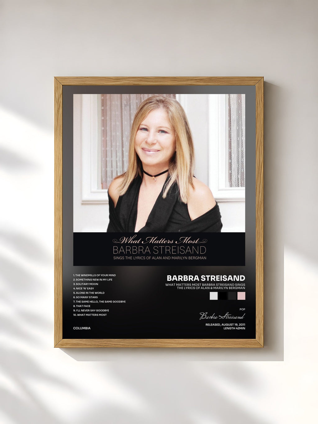 #bois Tableau de l'album What Matters Most Barbra Streisand Sings The Lyrics Of Alan & Marilyn Bergman de Barbra Streisand, cadre en bois brut, imprimé et encadré en France