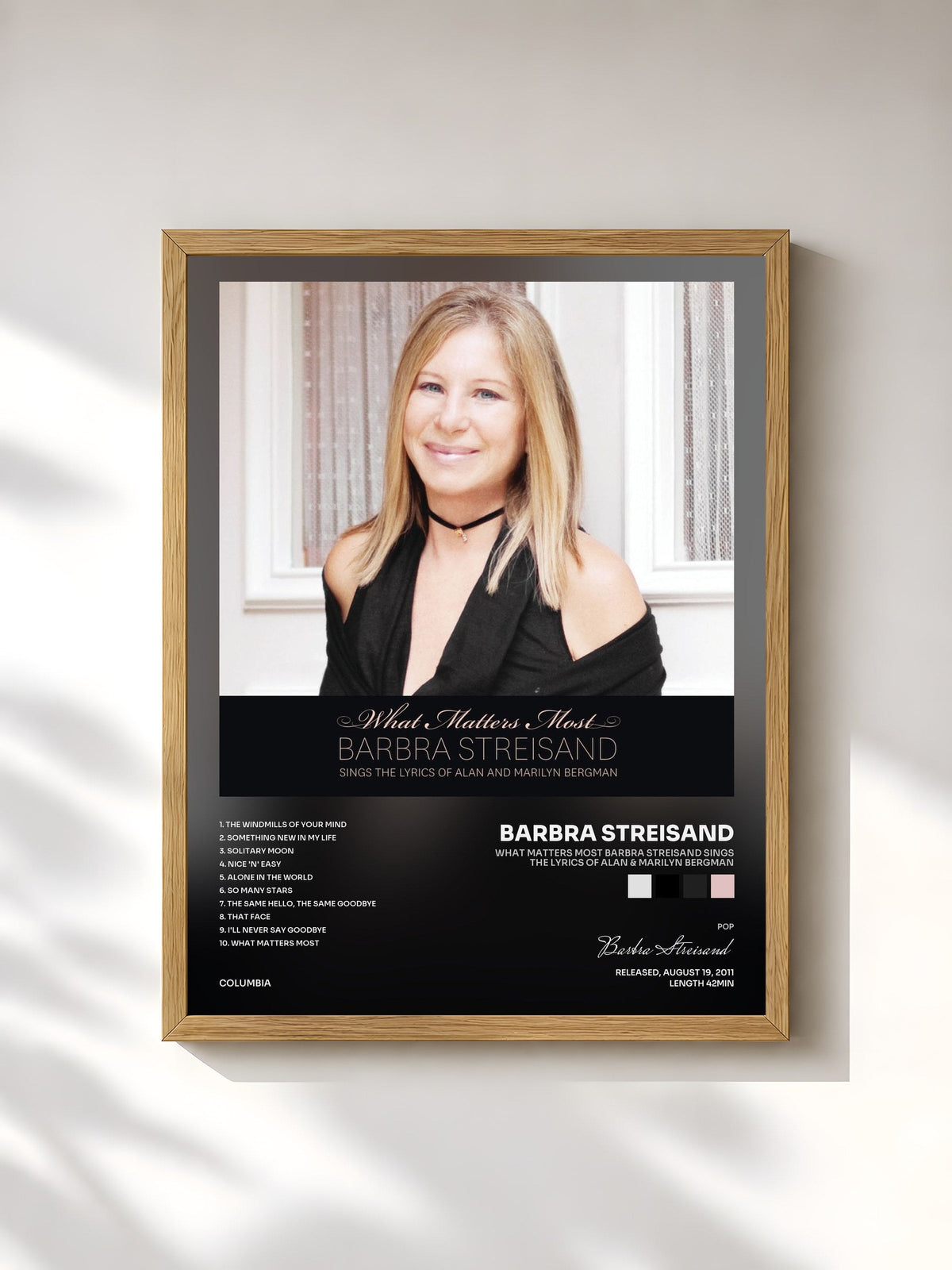 #bois Tableau de l'album What Matters Most Barbra Streisand Sings The Lyrics Of Alan & Marilyn Bergman de Barbra Streisand, cadre en bois brut, imprimé et encadré en France