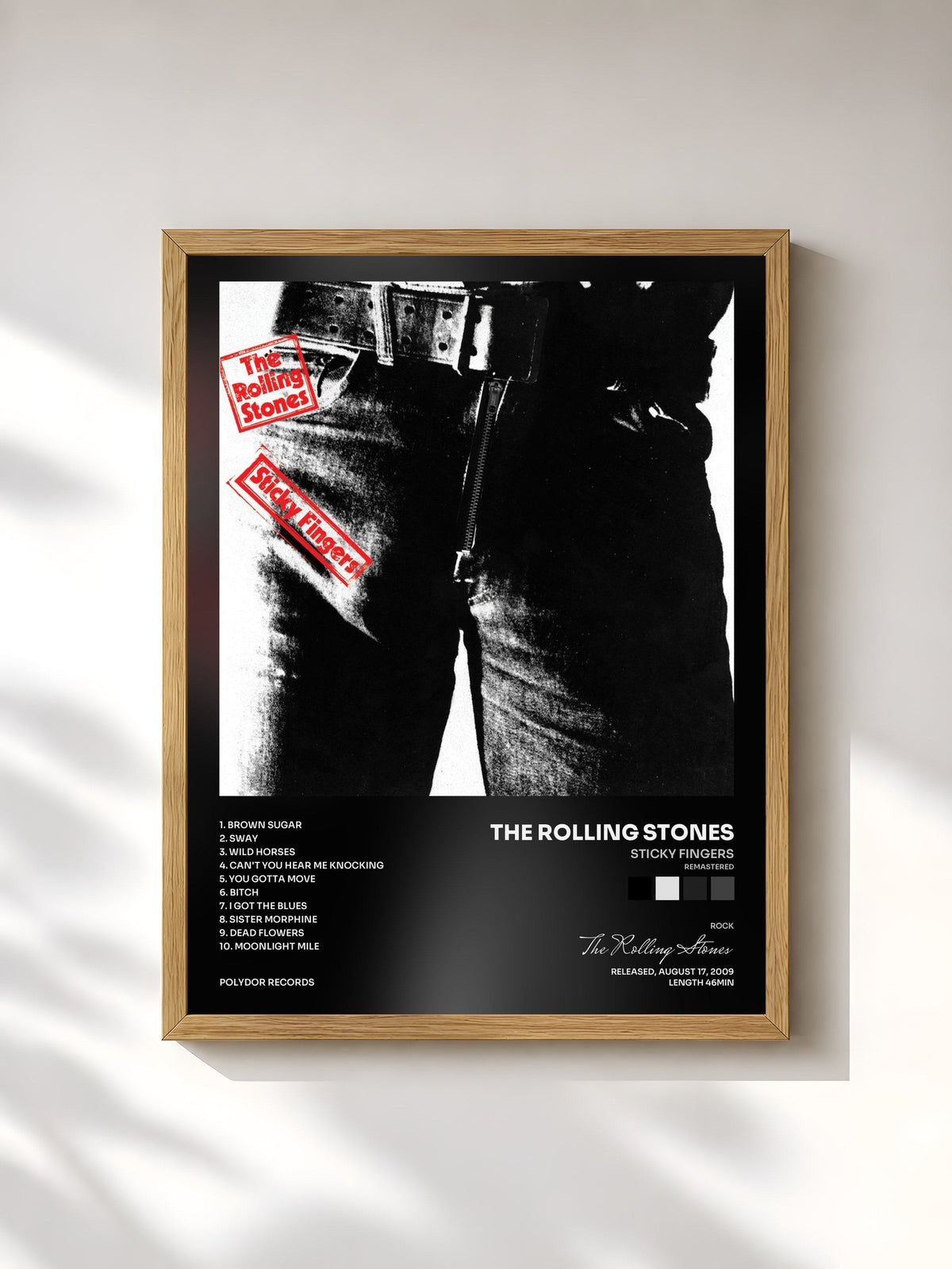 #bois Tableau de l'album Sticky Fingers (Remastered) de The Rolling Stones, cadre en bois brut, imprimé et encadré en France