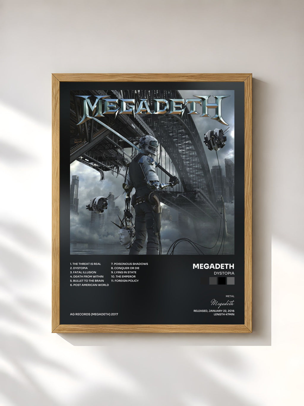 #bois Tableau de l'album Dystopia de Megadeth, cadre en bois brut, imprimé et encadré en France