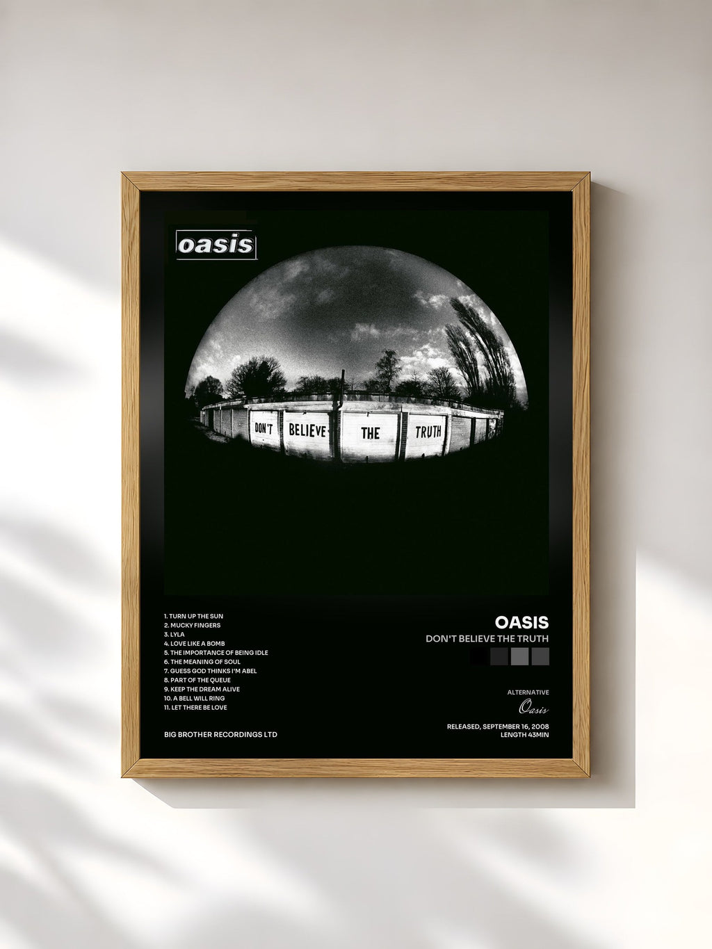 #bois Tableau de l'album Don't Believe The Truth de Oasis, cadre en bois brut, imprimé et encadré en France