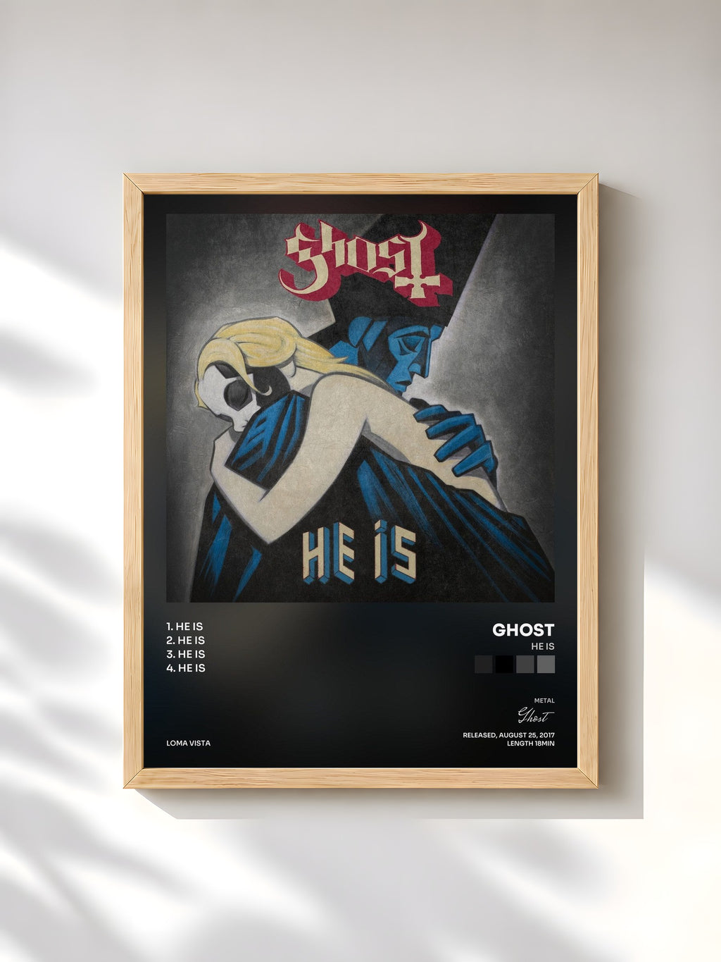#bois Tableau de l'album He Is de Ghost, cadre en bois brut, imprimé et encadré en France