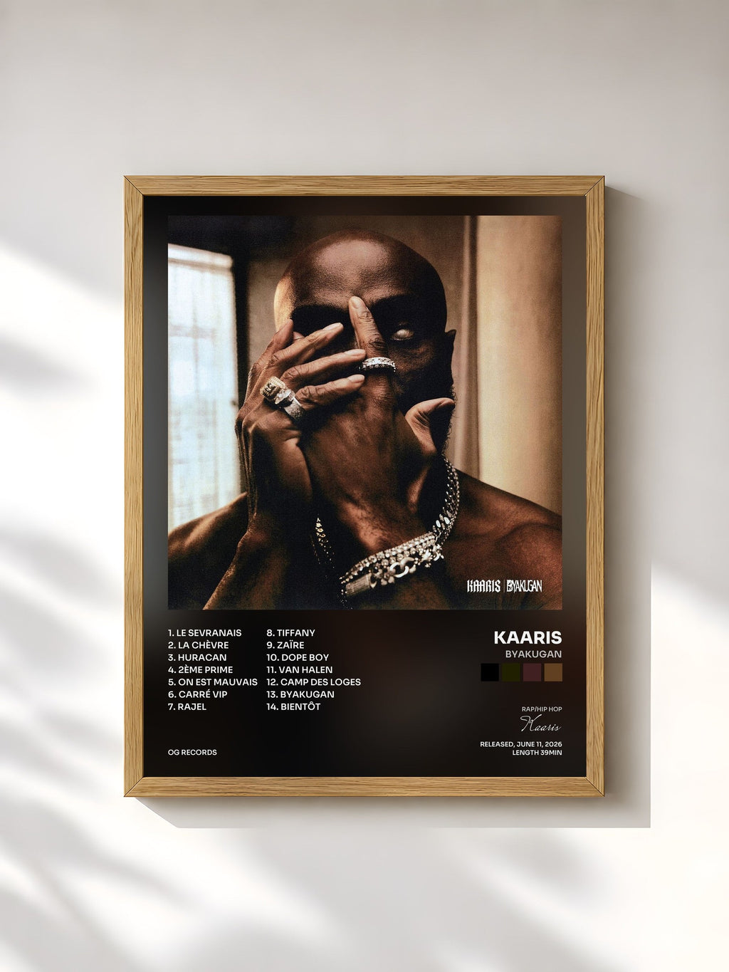 #bois Tableau de l'album BYAKUGAN de Kaaris, cadre en bois brut, imprimé et encadré en France