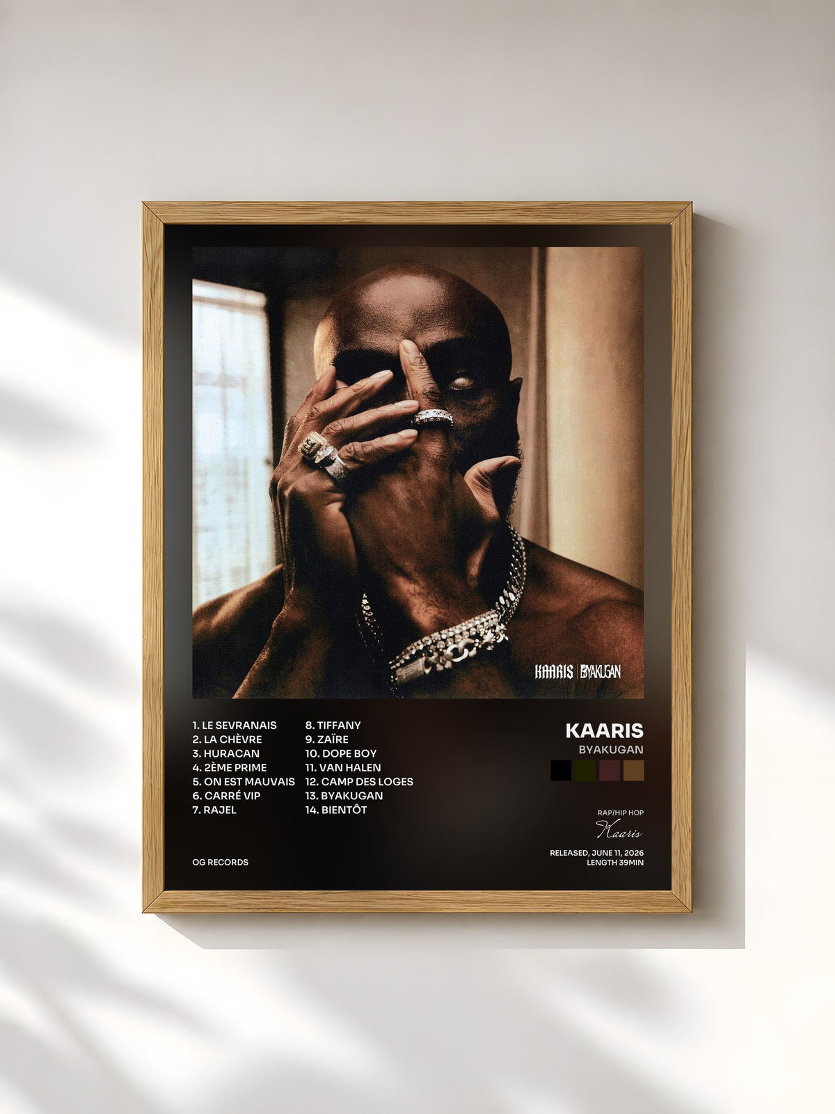 #bois Tableau de l'album BYAKUGAN de Kaaris, cadre en bois brut, imprimé et encadré en France