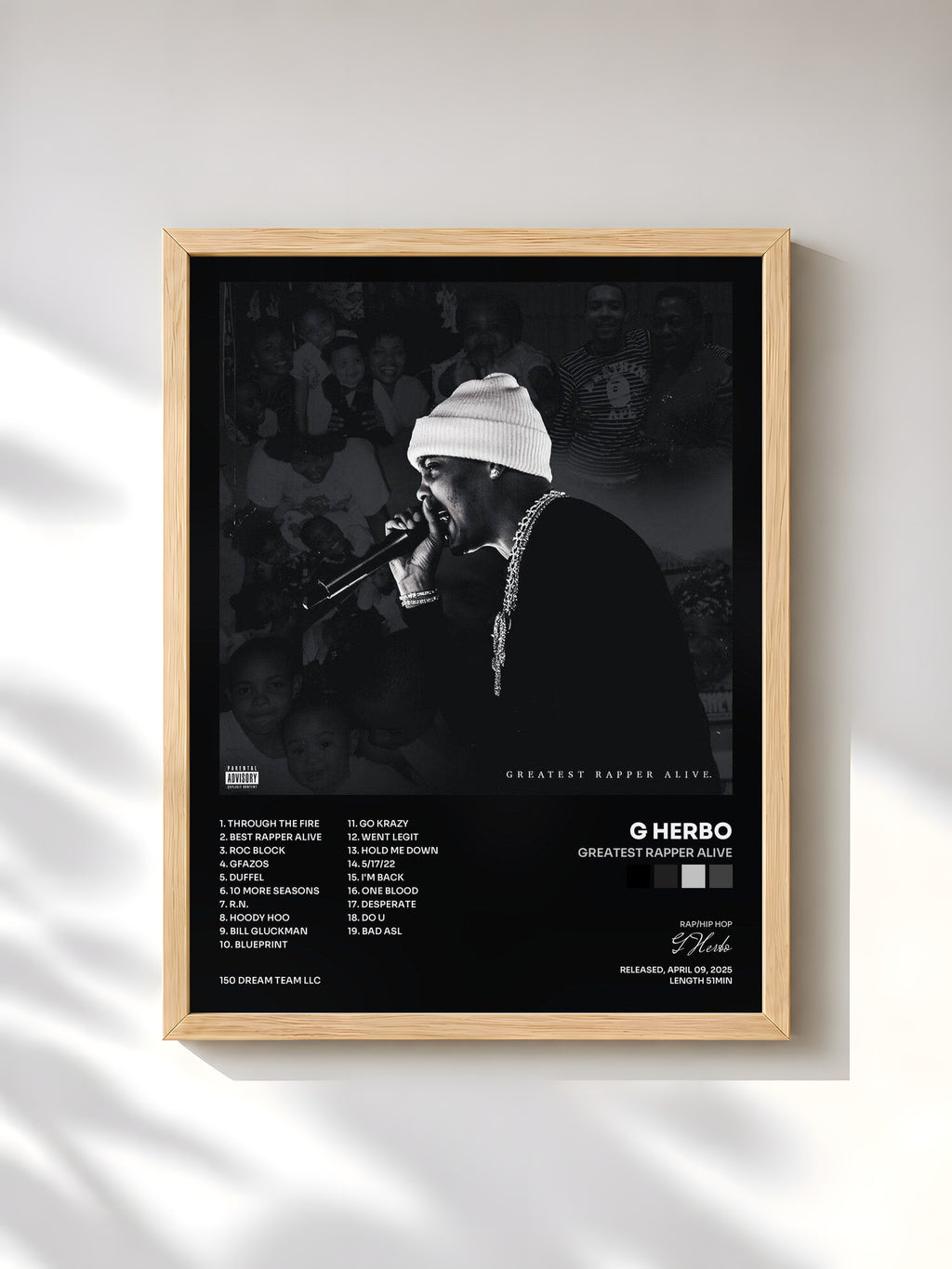 #bois Tableau de l'album Greatest Rapper Alive de G Herbo, cadre en bois brut, imprimé et encadré en France