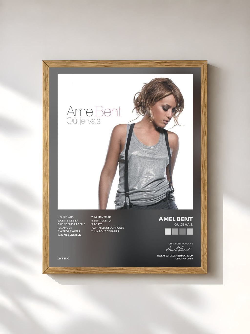 #bois Tableau de l'album Où je vais de Amel Bent, cadre en bois brut, imprimé et encadré en France