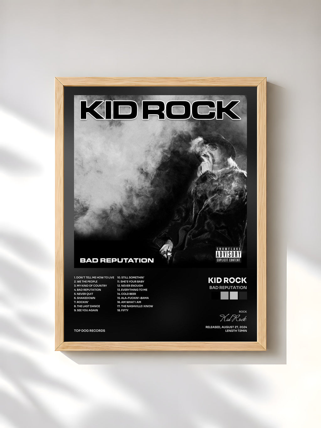 #bois Tableau de l'album Bad Reputation de Kid Rock, cadre en bois brut, imprimé et encadré en France
